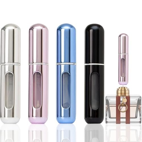 opasyo 4er Set Mini Parfüm Zerstäuber Nachfüllbare Flasche, 5ml Tragbarer Bodengefüllter Duftspender, Auslaufsicherer Cologne Reisespray für Handtasche & Gepäck (Silber/Pink/Blau/Schwarz)