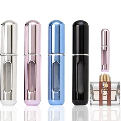 opasyo 4er Set Mini Parfüm Zerstäuber Nachfüllbare Flasche, 5ml Tragbarer Bodengefüllter Duftspender, Auslaufsicherer Cologne Reisespray für Handtasche & Gepäck (Silber/Pink/Blau/Schwarz)