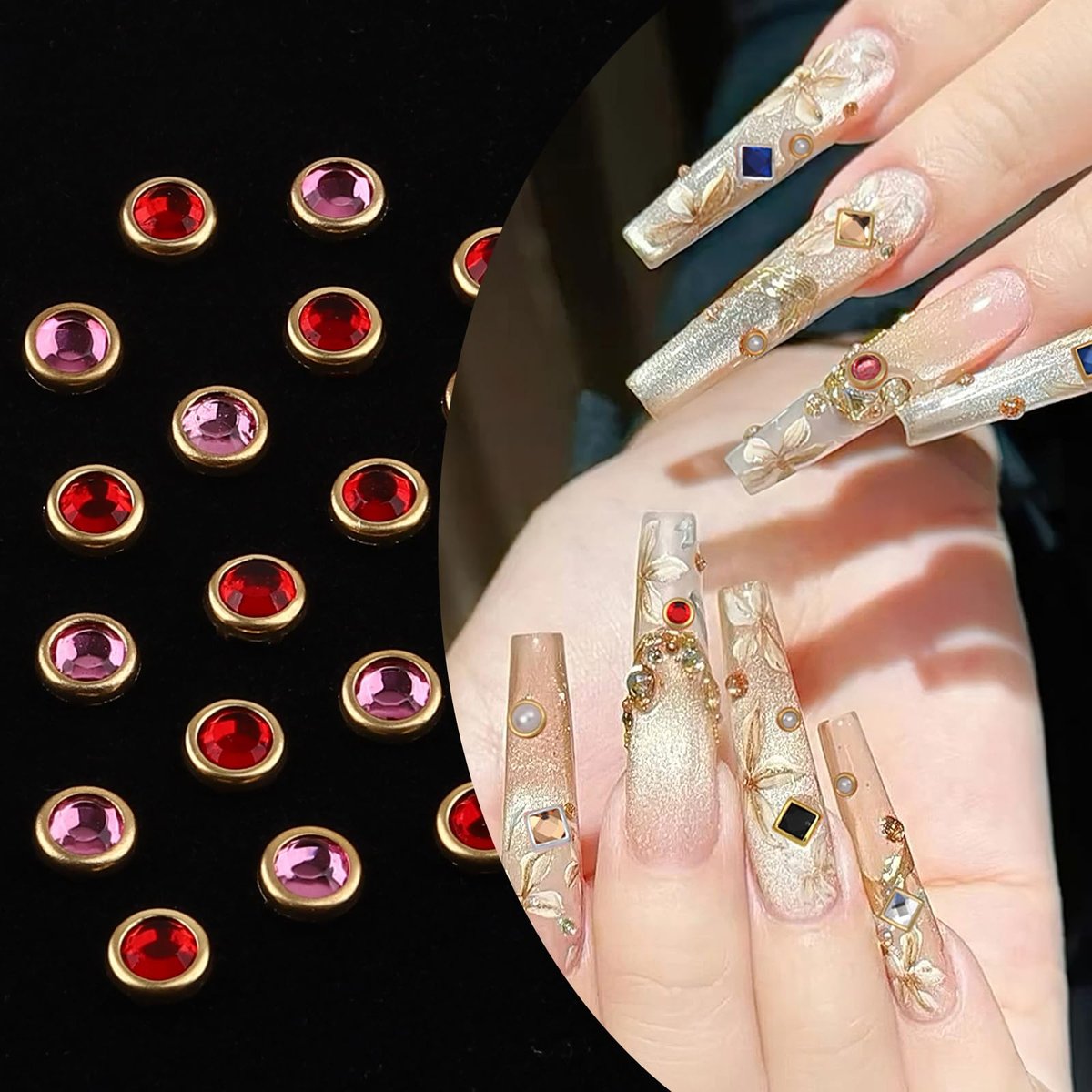 ROFIBUT Luxus 3D Nagelverzierungen Strasssteine Metall Nageldekoration Bunte Glitzernde Diamanten Vintage Anhänger Nagelzubehör für DIY Nagelkunst 12 Fächer