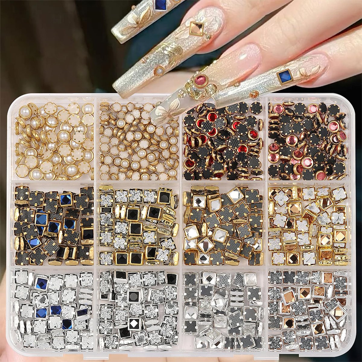 ROFIBUT Luxus 3D Nagelverzierungen Strasssteine Metall Nageldekoration Bunte Glitzernde Diamanten Vintage Anhänger Nagelzubehör für DIY Nagelkunst 12 Fächer