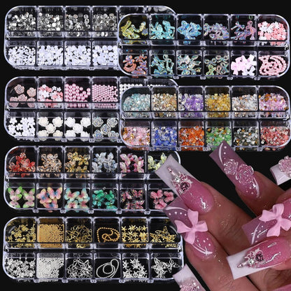 ROFIBUT Nagelverzierungen, Mehrform-Nagelstrass-Set 3D bunte Schmetterlingsblumen-Nagelkristalle, flache Rückseite Nagelperlen für Nagelkunst-Zubehör DIY 6 Boxen