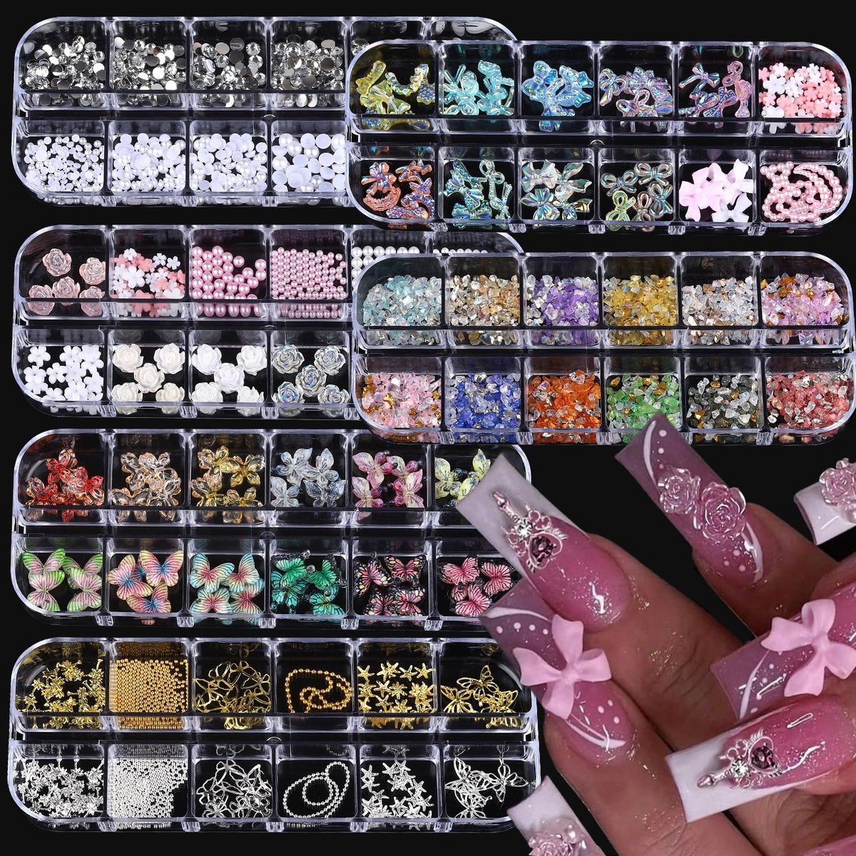 ROFIBUT Nagelverzierungen, Mehrform-Nagelstrass-Set 3D bunte Schmetterlingsblumen-Nagelkristalle, flache Rückseite Nagelperlen für Nagelkunst-Zubehör DIY 6 Boxen