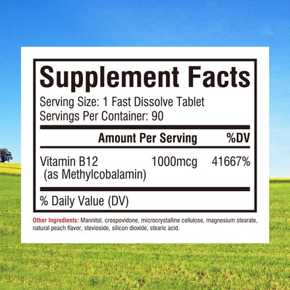 Innate Vitality Vitamin B12 1000mcg – Sublingual Methylcobalamin, für Energiestoffwechsel, geistige Klarheit, Nervensystem, Pfirsichgeschmack, zuckerfrei, 90 schnell lösliche Tabletten