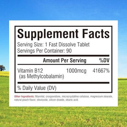 Innate Vitality Vitamin B12 1000mcg – Sublingual Methylcobalamin, für Energiestoffwechsel, geistige Klarheit, Nervensystem, Pfirsichgeschmack, zuckerfrei, 90 schnell lösliche Tabletten
