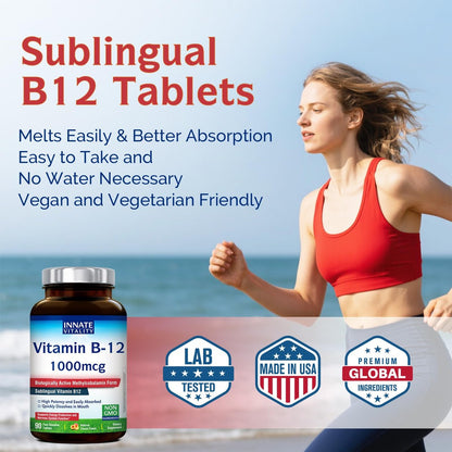 Innate Vitality Vitamin B12 1000mcg – Sublingual Methylcobalamin, für Energiestoffwechsel, geistige Klarheit, Nervensystem, Pfirsichgeschmack, zuckerfrei, 90 schnell lösliche Tabletten