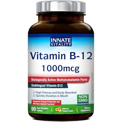Innate Vitality Vitamin B12 1000mcg – Sublingual Methylcobalamin, für Energiestoffwechsel, geistige Klarheit, Nervensystem, Pfirsichgeschmack, zuckerfrei, 90 schnell lösliche Tabletten