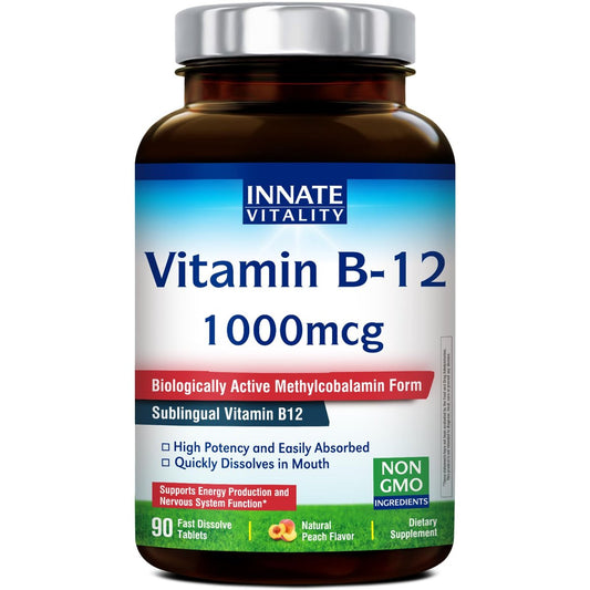 Innate Vitality Vitamin B12 1000mcg – Sublingual Methylcobalamin, für Energiestoffwechsel, geistige Klarheit, Nervensystem, Pfirsichgeschmack, zuckerfrei, 90 schnell lösliche Tabletten