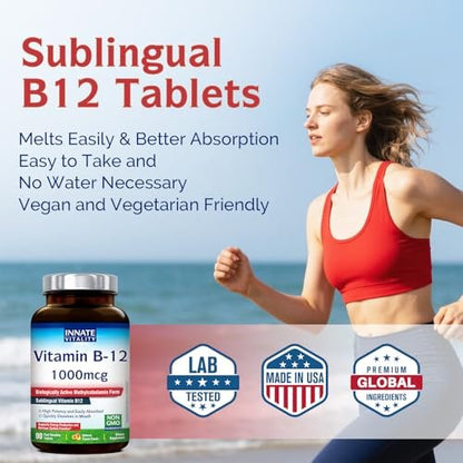 Innate Vitality Vitamin B12 1000mcg – Sublingual Methylcobalamin, für Energiestoffwechsel, geistige Klarheit, Nervensystem, Pfirsichgeschmack, zuckerfrei, 90 schnell lösliche Tabletten