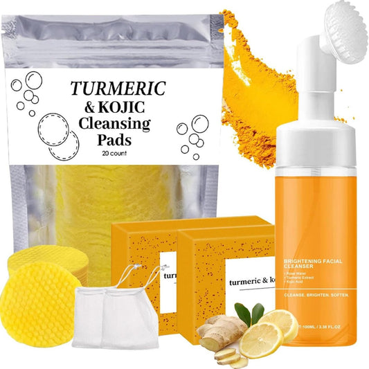 4-teiliges Kurkuma-Wash- und Pflegeset – Gesichtsreinigung, Reinigungsschaum, Seife und Peeling-Pads für natürliche Hautpflege