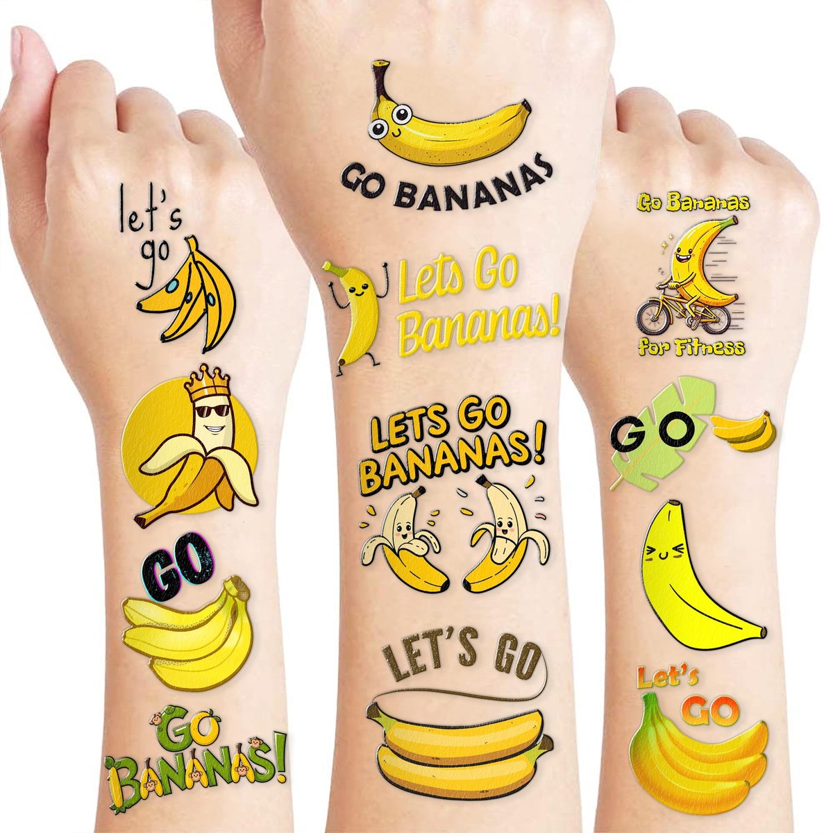 Bananen-Tattoos für Kinder – 5 Bögen, 60 Stück, Gelbe Frucht-Motive, Geburtstagsparty-Geschenke, Schulpreise, Karneval & Urlaub
