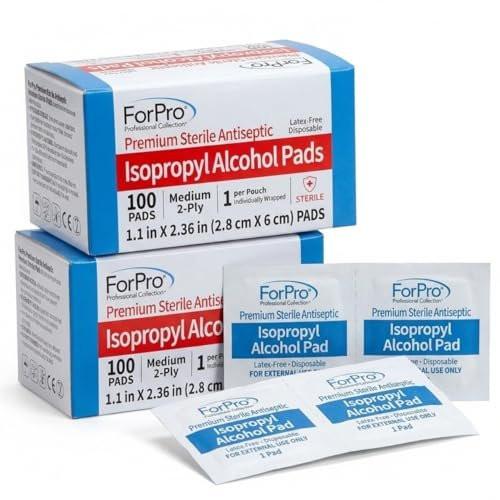 ForPro Alcohol Prep Pads, 200 Stück sterile Alkoholtupfer einzeln verpackt, 70% Isopropyl, mittelgroße 2-lagige medizinische Antiseptiktupfer, latexfrei, Erste Hilfe & Injektionsvorbereitung, gamma-sterilisiert