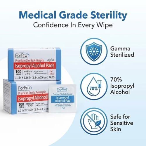 ForPro Alcohol Prep Pads, 200 Stück sterile Alkoholtupfer einzeln verpackt, 70% Isopropyl, mittelgroße 2-lagige medizinische Antiseptiktupfer, latexfrei, Erste Hilfe & Injektionsvorbereitung, gamma-sterilisiert