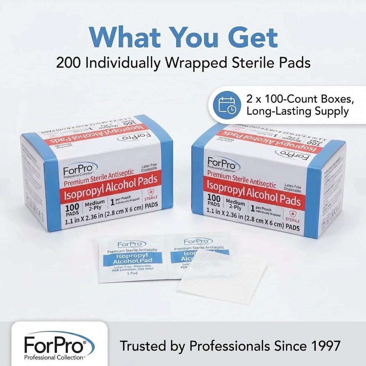 ForPro Alcohol Prep Pads, 200 Stück sterile Alkoholtupfer einzeln verpackt, 70% Isopropyl, mittelgroße 2-lagige medizinische Antiseptiktupfer, latexfrei, Erste Hilfe & Injektionsvorbereitung, gamma-sterilisiert