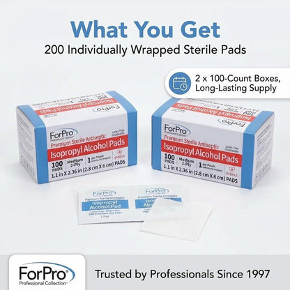 ForPro Alcohol Prep Pads, 200 Stück sterile Alkoholtupfer einzeln verpackt, 70% Isopropyl, mittelgroße 2-lagige medizinische Antiseptiktupfer, latexfrei, Erste Hilfe & Injektionsvorbereitung, gamma-sterilisiert