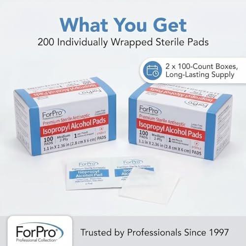 ForPro Alcohol Prep Pads, 200 Stück sterile Alkoholtupfer einzeln verpackt, 70% Isopropyl, mittelgroße 2-lagige medizinische Antiseptiktupfer, latexfrei, Erste Hilfe & Injektionsvorbereitung, gamma-sterilisiert