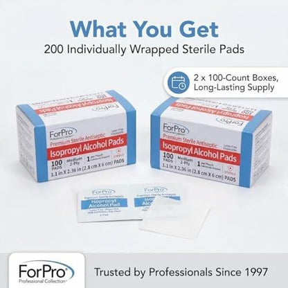 ForPro Alcohol Prep Pads, 200 Stück sterile Alkoholtupfer einzeln verpackt, 70% Isopropyl, mittelgroße 2-lagige medizinische Antiseptiktupfer, latexfrei, Erste Hilfe & Injektionsvorbereitung, gamma-sterilisiert