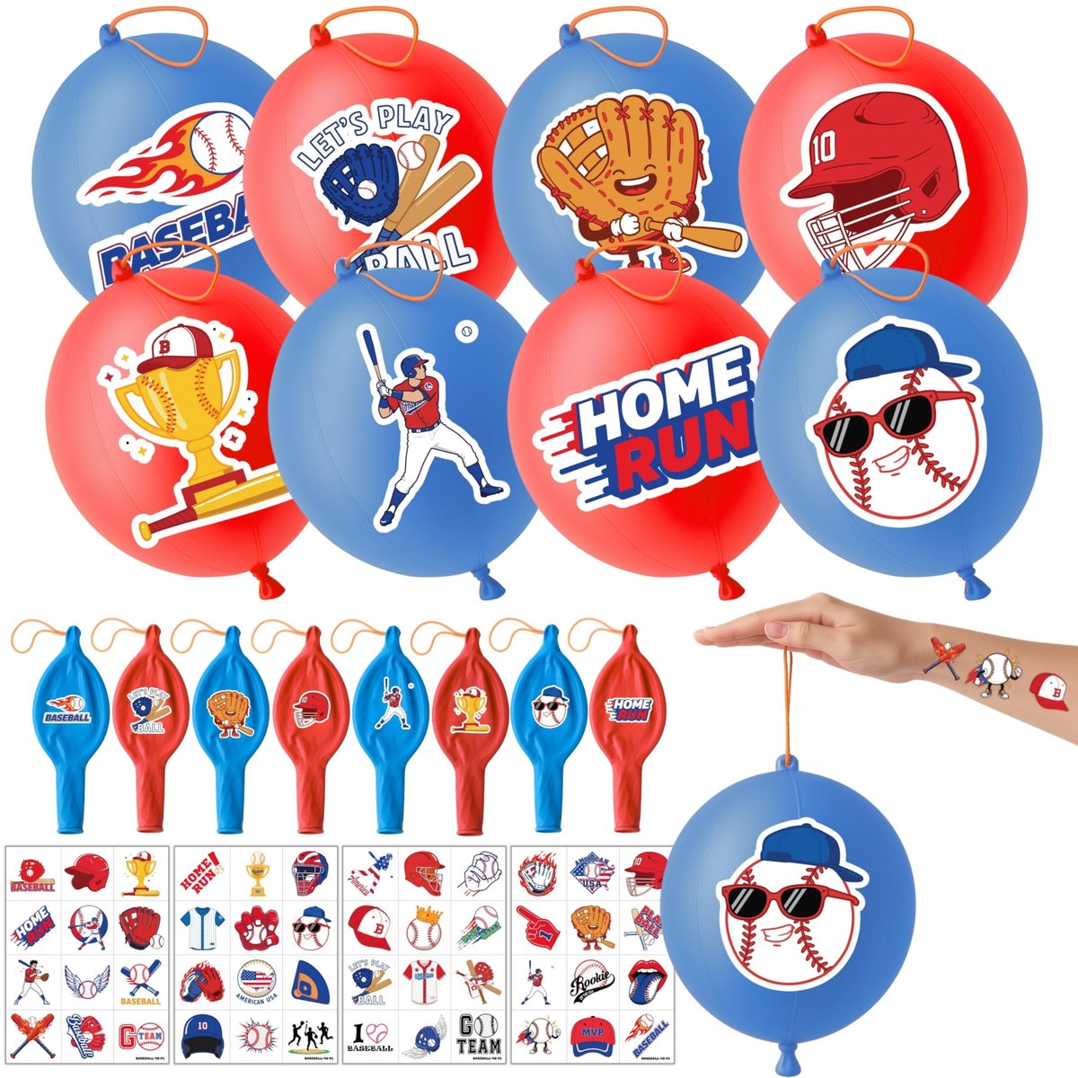72-teiliges Baseball-Party-Set: 48 vorgestanzte temporäre Tattoos & 24 Baseball-Punch-Ballons – Themenparty-Dekorationen, Geschenke, Goodie-Bag-Füller, Klassenzimmerbelohnungen