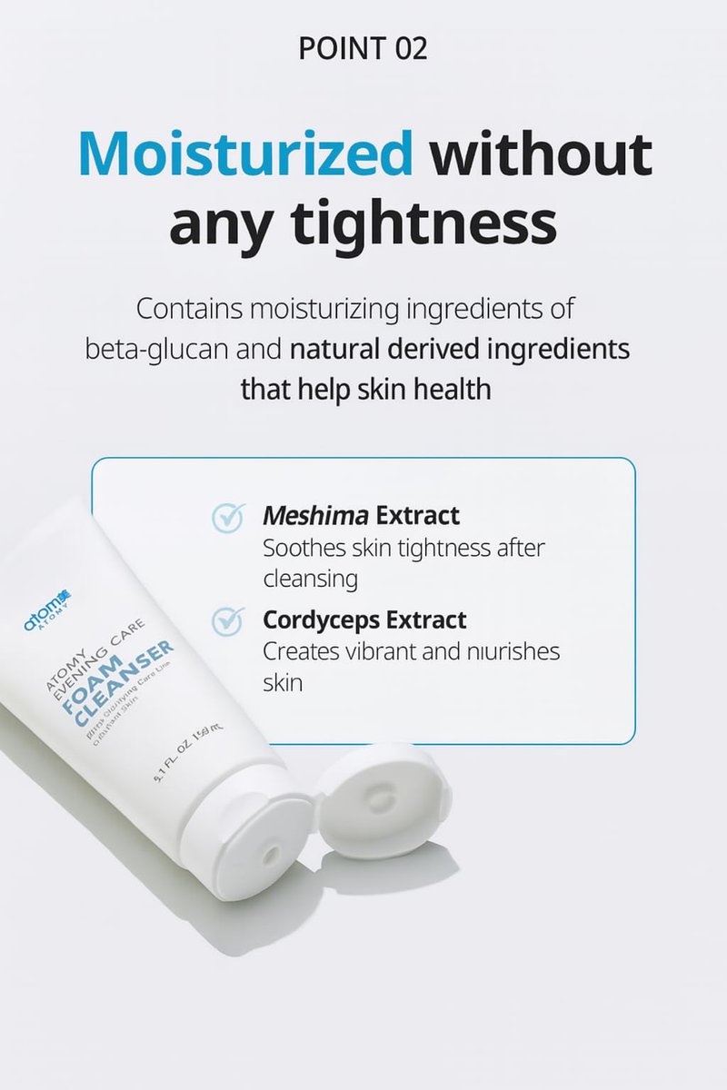 A.T.O.M.Y Evening Care Foam Cleanser, feuchtigkeitsspendendes Gesichtswaschmittel mit natürlichen Extrakten, 150 ml