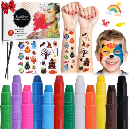 Beesjuy Gesichtsmalerei-Set für Kinder, 12 Farben wasserbasierte Gesichtsmalstifte, abwaschbare Körperbemalung für Halloween, Geburtstagsfeiern, Clown-/Cosplay-Make-up