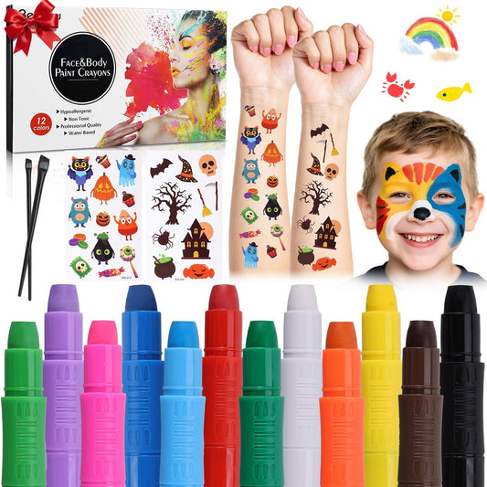 Beesjuy Gesichtsmalerei-Set für Kinder, 12 Farben wasserbasierte Gesichtsmalstifte, abwaschbare Körperbemalung für Halloween, Geburtstagsfeiern, Clown-/Cosplay-Make-up