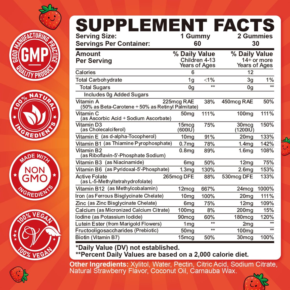 Eisen-Gummibärchen für Kinder & Jugendliche, Multivitamin mit Eisen, Calcium, Folsäure, Zink, Präbiotikum – Blutbildner & Energieunterstützung, Eisenmangel – Vegan & ohne Gentechnik – 60 Erdbeer-Gummis