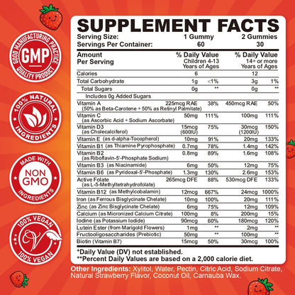 Eisen-Gummibärchen für Kinder & Jugendliche, Multivitamin mit Eisen, Calcium, Folsäure, Zink, Präbiotikum – Blutbildner & Energieunterstützung, Eisenmangel – Vegan & ohne Gentechnik – 60 Erdbeer-Gummis