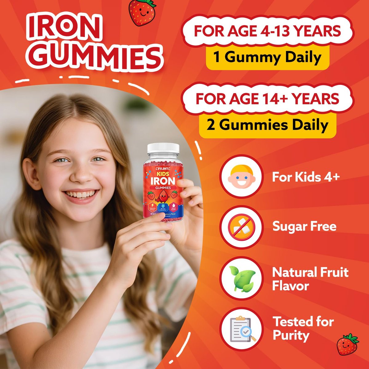 Eisen-Gummibärchen für Kinder & Jugendliche, Multivitamin mit Eisen, Calcium, Folsäure, Zink, Präbiotikum – Blutbildner & Energieunterstützung, Eisenmangel – Vegan & ohne Gentechnik – 60 Erdbeer-Gummis