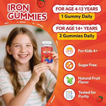 Eisen-Gummibärchen für Kinder & Jugendliche, Multivitamin mit Eisen, Calcium, Folsäure, Zink, Präbiotikum – Blutbildner & Energieunterstützung, Eisenmangel – Vegan & ohne Gentechnik – 60 Erdbeer-Gummis