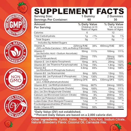 Eisen-Gummibärchen für Kinder & Jugendliche, Multivitamin mit Eisen, Calcium, Folsäure, Zink, Präbiotikum – Blutbildner & Energieunterstützung, Eisenmangel – Vegan & ohne Gentechnik – 60 Erdbeer-Gummis