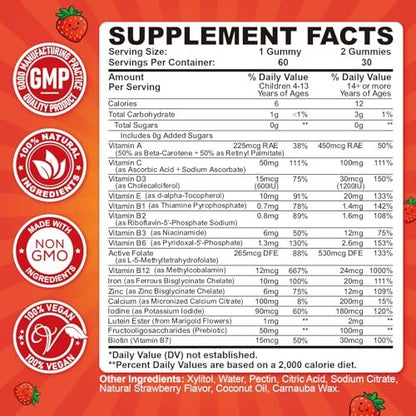Eisen-Gummibärchen für Kinder & Jugendliche, Multivitamin mit Eisen, Calcium, Folsäure, Zink, Präbiotikum – Blutbildner & Energieunterstützung, Eisenmangel – Vegan & ohne Gentechnik – 60 Erdbeer-Gummis