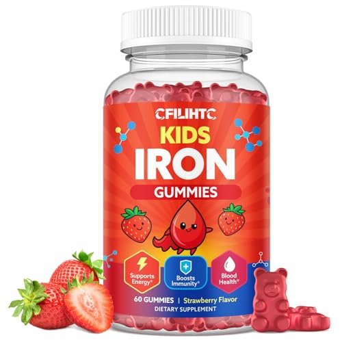 Eisen-Gummibärchen für Kinder & Jugendliche, Multivitamin mit Eisen, Calcium, Folsäure, Zink, Präbiotikum – Blutbildner & Energieunterstützung, Eisenmangel – Vegan & ohne Gentechnik – 60 Erdbeer-Gummis
