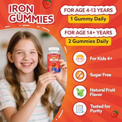 Eisen-Gummibärchen für Kinder & Jugendliche, Multivitamin mit Eisen, Calcium, Folsäure, Zink, Präbiotikum – Blutbildner & Energieunterstützung, Eisenmangel – Vegan & ohne Gentechnik – 60 Erdbeer-Gummis