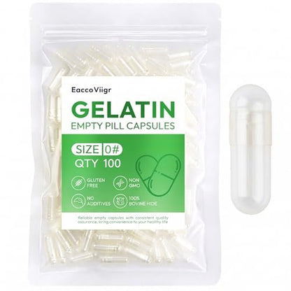 EaccoViigr Gelatine-Leerkapseln Größe 0 – 100 Stück Klare leere Kapseln zum Befüllen für selbstgemachte Vitamine und Pulver, einfach für DIY-Ergänzungen