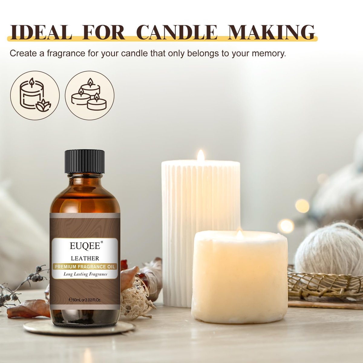 EUQEE Lederduftöl – 60 ml / 2,02 Fl Oz – Essentielles Parfümöl für Diffuser, Kerzenherstellung, DIY-Seife mit Glaspipette