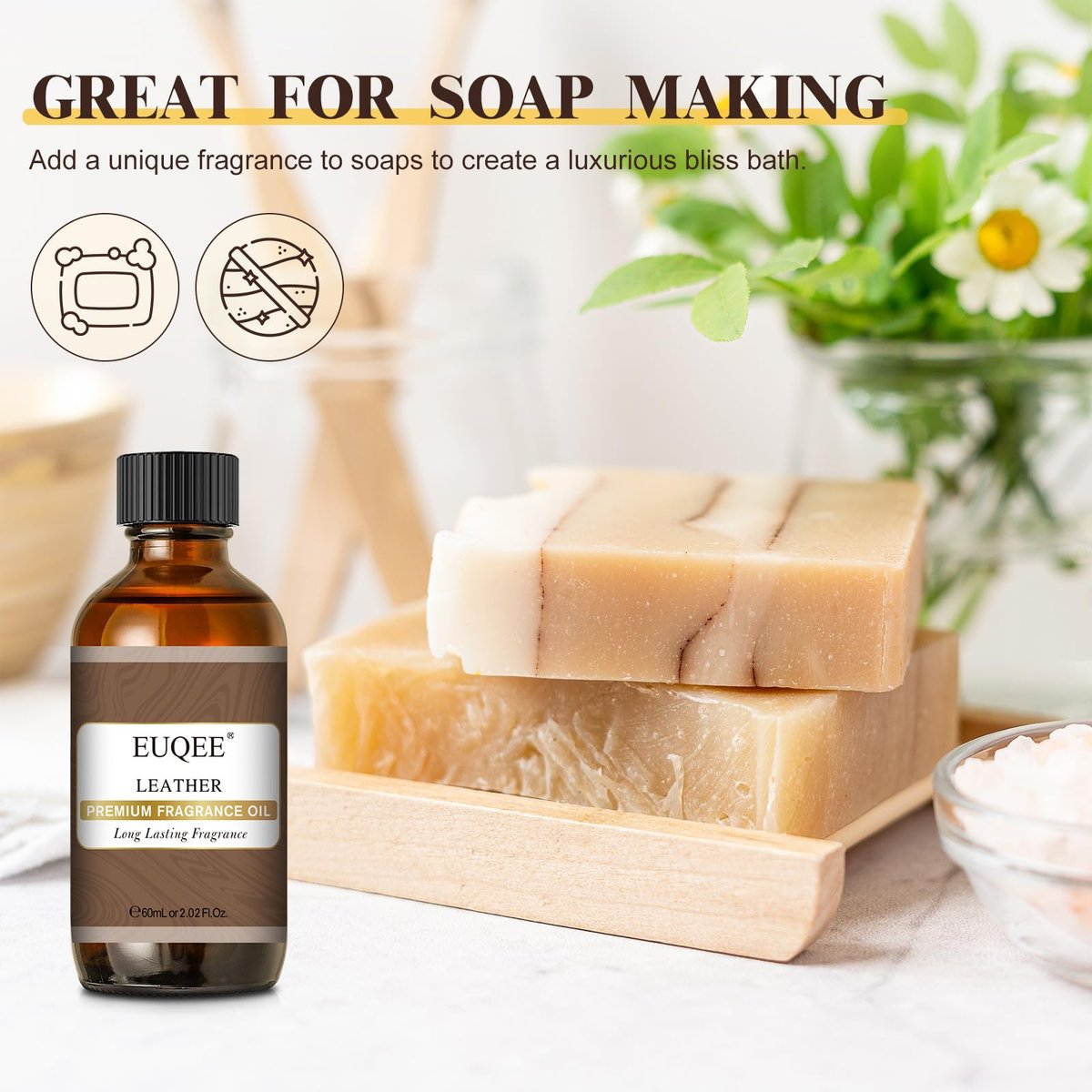 EUQEE Lederduftöl – 60 ml / 2,02 Fl Oz – Essentielles Parfümöl für Diffuser, Kerzenherstellung, DIY-Seife mit Glaspipette