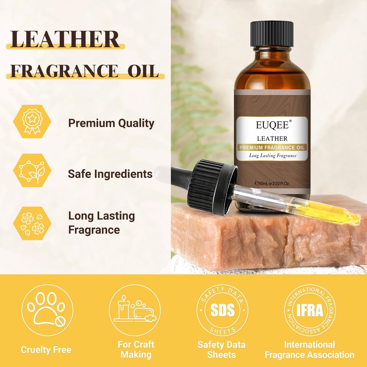 EUQEE Lederduftöl – 60 ml / 2,02 Fl Oz – Essentielles Parfümöl für Diffuser, Kerzenherstellung, DIY-Seife mit Glaspipette