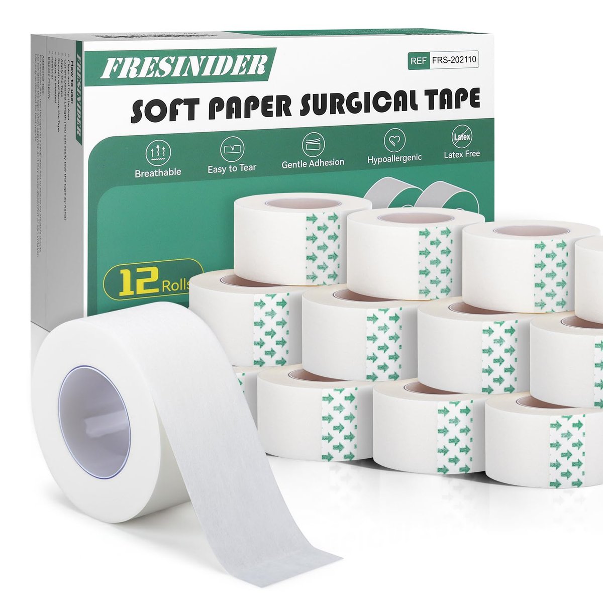 FRESINIDER Weiches Papier-Chirurgieband 12 Rollen, 1 Zoll x 10 Yards, hypoallergen, latexfrei, für empfindliche Haut, atmungsaktiv, leicht reißbar, für Wundversorgung, Verbandfixierung und Erste Hilfe