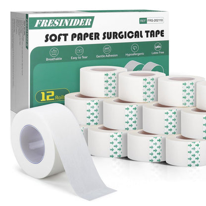FRESINIDER Weiches Papier-Chirurgieband 12 Rollen, 1 Zoll x 10 Yards, hypoallergen, latexfrei, für empfindliche Haut, atmungsaktiv, leicht reißbar, für Wundversorgung, Verbandfixierung und Erste Hilfe