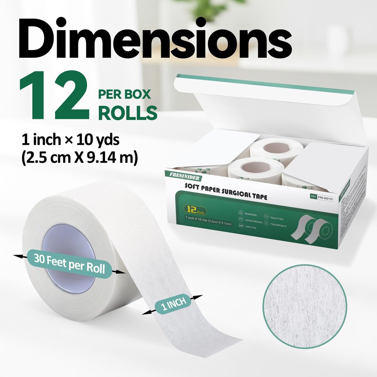 FRESINIDER Weiches Papier-Chirurgieband 12 Rollen, 1 Zoll x 10 Yards, hypoallergen, latexfrei, für empfindliche Haut, atmungsaktiv, leicht reißbar, für Wundversorgung, Verbandfixierung und Erste Hilfe