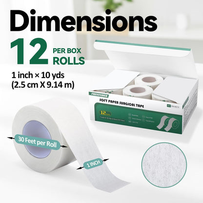 FRESINIDER Weiches Papier-Chirurgieband 12 Rollen, 1 Zoll x 10 Yards, hypoallergen, latexfrei, für empfindliche Haut, atmungsaktiv, leicht reißbar, für Wundversorgung, Verbandfixierung und Erste Hilfe