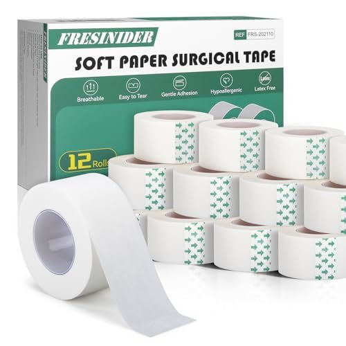 FRESINIDER Weiches Papier-Chirurgieband 12 Rollen, 1 Zoll x 10 Yards, hypoallergen, latexfrei, für empfindliche Haut, atmungsaktiv, leicht reißbar, für Wundversorgung, Verbandfixierung und Erste Hilfe