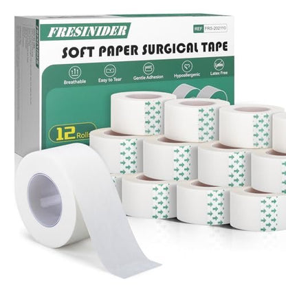 FRESINIDER Weiches Papier-Chirurgieband 12 Rollen, 1 Zoll x 10 Yards, hypoallergen, latexfrei, für empfindliche Haut, atmungsaktiv, leicht reißbar, für Wundversorgung, Verbandfixierung und Erste Hilfe