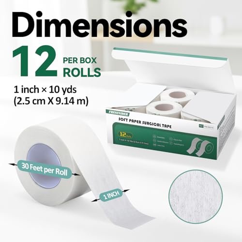 FRESINIDER Weiches Papier-Chirurgieband 12 Rollen, 1 Zoll x 10 Yards, hypoallergen, latexfrei, für empfindliche Haut, atmungsaktiv, leicht reißbar, für Wundversorgung, Verbandfixierung und Erste Hilfe