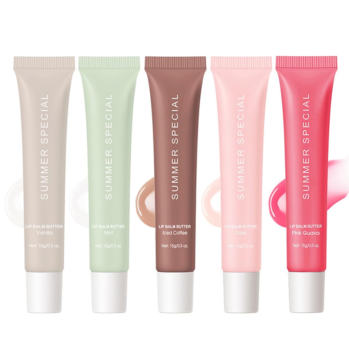 5-Farben Sommer-Spezial Lippenbalsam Butter - Sheabutter & Avocadoöl Formel, Leicht & Nicht Klebrig, 5 Trendige Farben (Vanille/Minz/Eiskaffee/Kuchen/Guave), Pflegt Trockene Lippen, Geschenkbox für Teenager