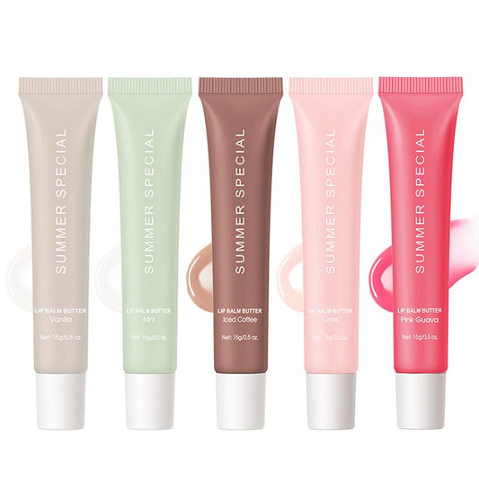 5-Farben Sommer-Spezial Lippenbalsam Butter - Sheabutter & Avocadoöl Formel, Leicht & Nicht Klebrig, 5 Trendige Farben (Vanille/Minz/Eiskaffee/Kuchen/Guave), Pflegt Trockene Lippen, Geschenkbox für Teenager