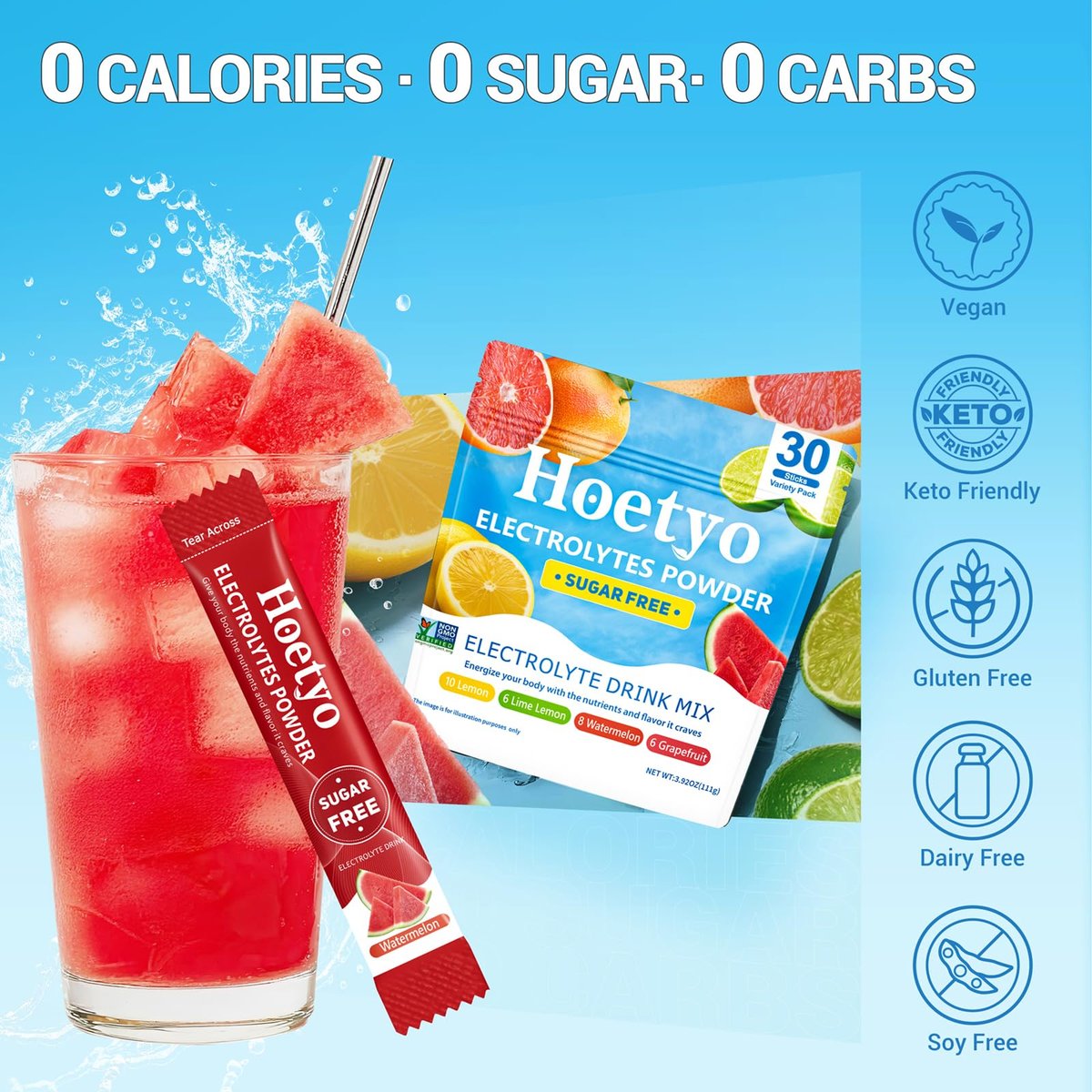 Elektrolyt-Pulver-Päckchen – Zuckerfreies Elektrolyt-Getränkepulver – 30 Sticks für schnelle Flüssigkeitszufuhr bei Sport & Dehydrierung – Sommergeschmack-Variationen, Keto-freundlich, vegan, Non-GMO