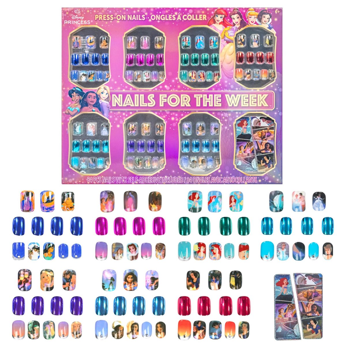Disney Princess 84-teiliges Glitter-Glamup & Metallic Press-On-Nagelset für Kinder – Künstliche Fake-Nägel mit Kleber, vollflächige Nagelspitzen, ideales Geschenk für Geburtstag und Feiertage von Townley Girl