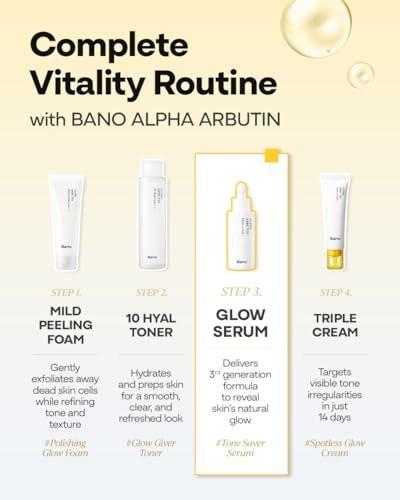 Bano Alpha Arbutin Glow Serum – 2% Alpha Arbutin + Niacinamid für Hautvitalität und Glanz, ungleichmäßiger Teint | Feuchtigkeitsspendende Hyaluronsäure | Koreanische Hautpflege für empfindliche Haut | Duftfrei | 30 ml