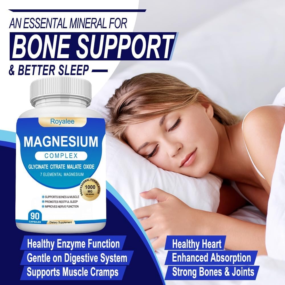 Magnesium Komplex 1000mg – 7 Magnesiumformen (Glycinat, Citrat, Malat, Taurat & Ororat) – 90 Kapseln – Unterstützt Entspannung, Muskelfunktion & Knochenstärke