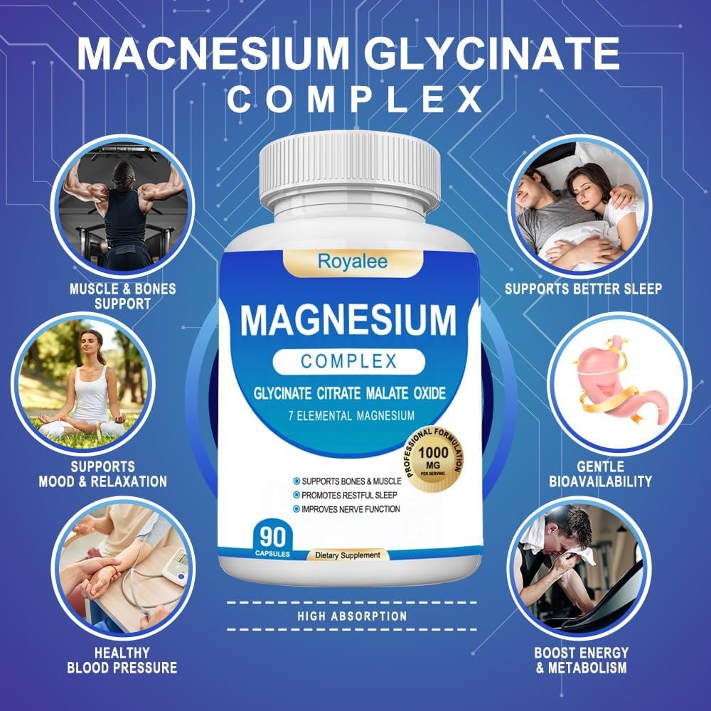 Magnesium Komplex 1000mg – 7 Magnesiumformen (Glycinat, Citrat, Malat, Taurat & Ororat) – 90 Kapseln – Unterstützt Entspannung, Muskelfunktion & Knochenstärke